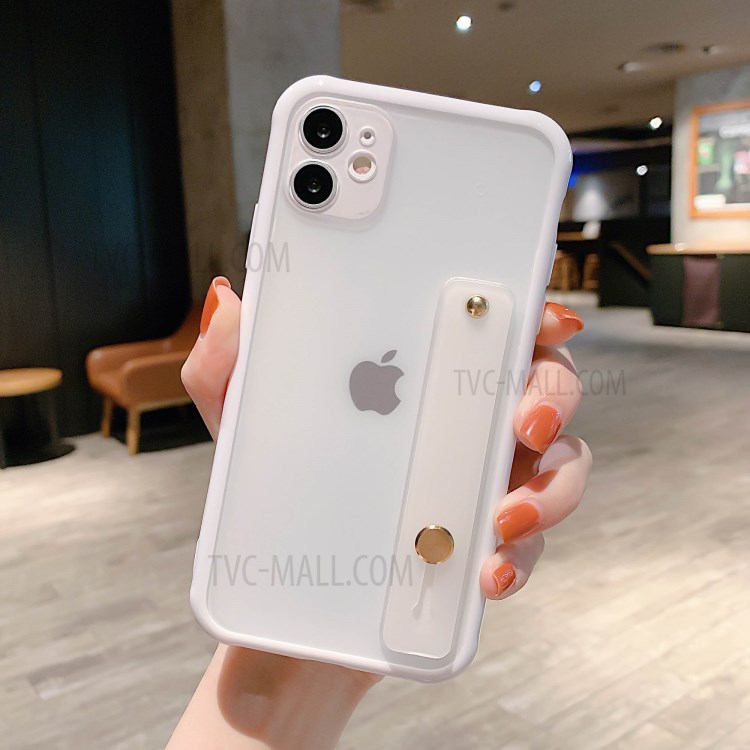 Matte Hand Strap Kickstand TPU + PC Hybrid Phone Cover for iPhone 11 6.1 inch - White-1