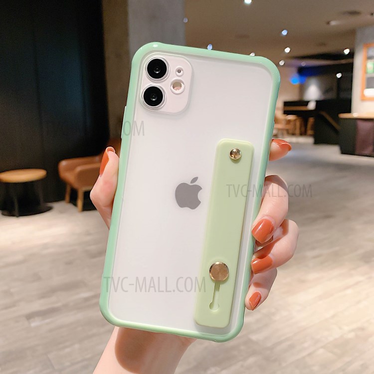 Matte Hand Strap Kickstand TPU + PC Hybrid Phone Cover for iPhone 11 6.1 inch - Light Green-1
