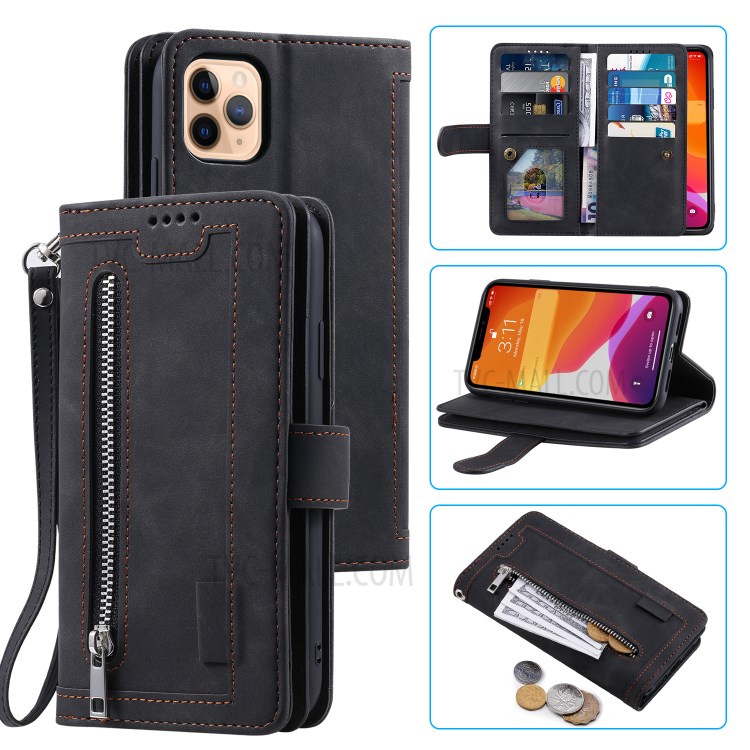 Zipper Pocket 9 with Card Slots Leather Wallet Case for iPhone 11 Pro 5.8 inch - Black-1