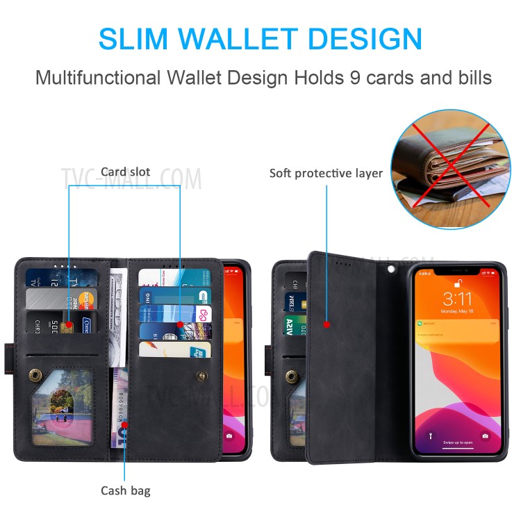 Zipper Pocket 9 with Card Slots Leather Wallet Case for iPhone 11 Pro 5.8 inch - Black-4