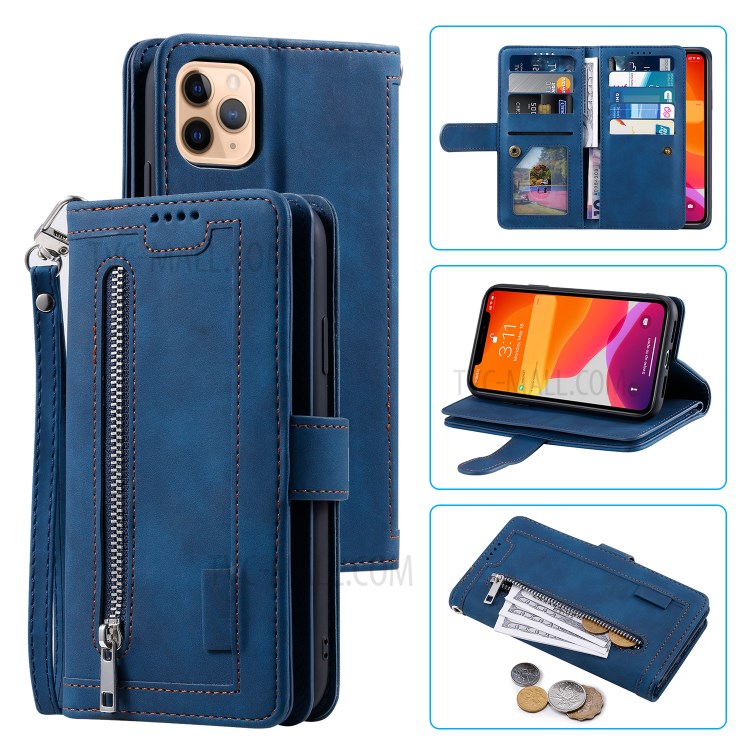 Zipper Pocket 9 with Card Slots Leather Wallet Case for iPhone 11 Pro 5.8 inch - Blue-1