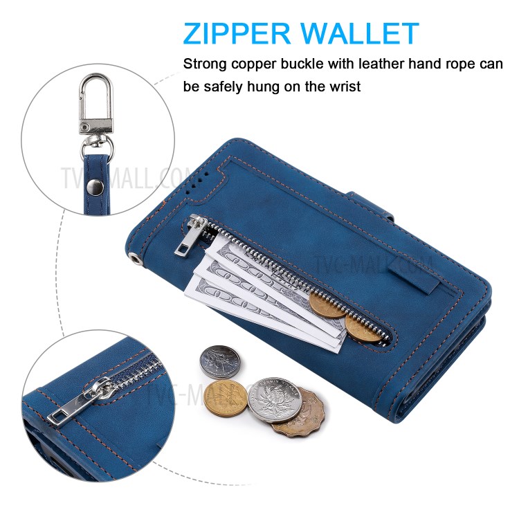 Zipper Pocket 9 with Card Slots Leather Wallet Case for iPhone 11 Pro 5.8 inch - Blue-7