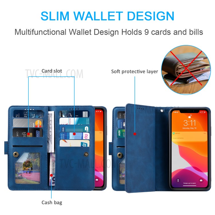 Zipper Pocket 9 with Card Slots Leather Wallet Case for iPhone 11 Pro 5.8 inch - Blue-8