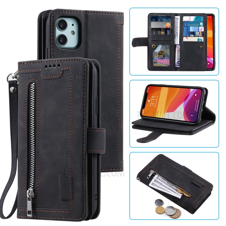 Zipper Pocket 9 Card Slots Leather Wallet with Stand Case for iPhone 11 6.1 inch - Black-1