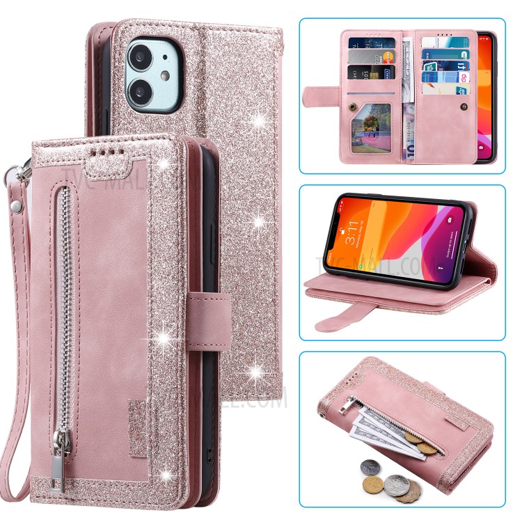 Zipper Pocket 9 Card Slots Leather Wallet with Stand Case for iPhone 11 6.1 inch - Rose Gold-1