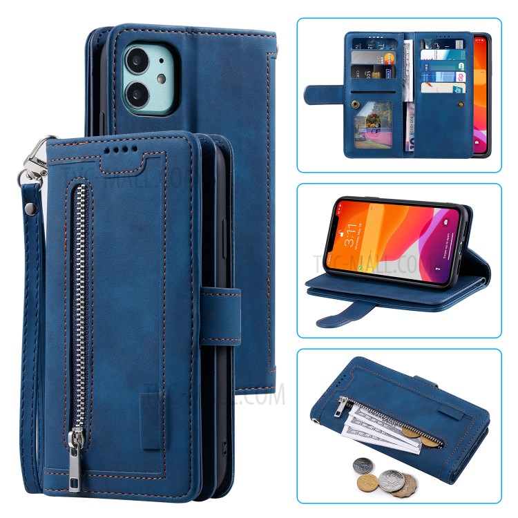 Zipper Pocket 9 Card Slots Leather Wallet with Stand Case for iPhone 11 6.1 inch - Blue-1