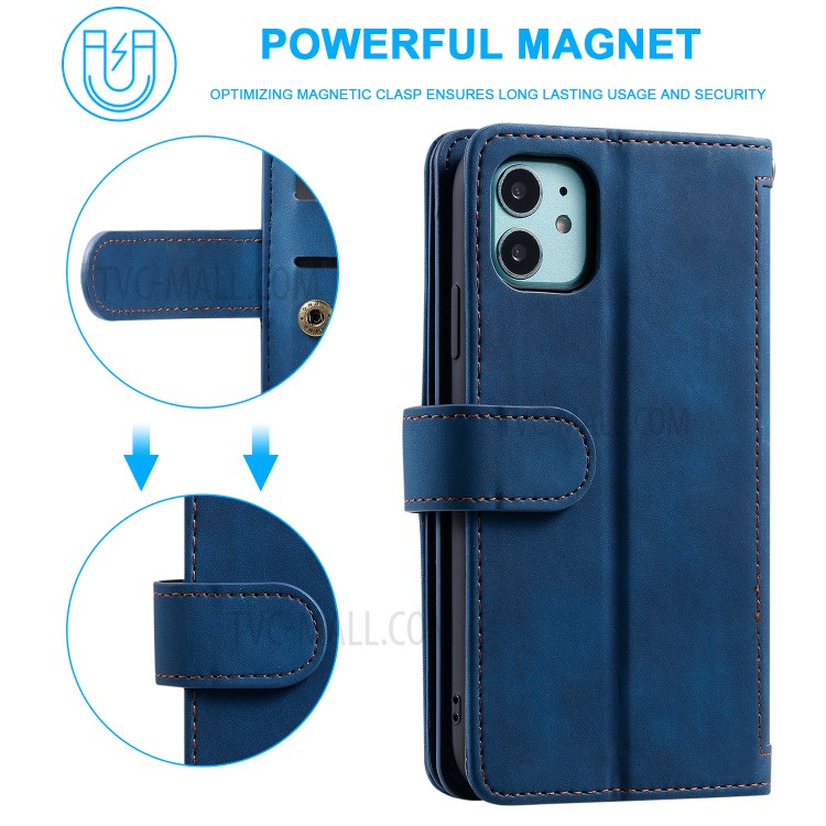 Zipper Pocket 9 Card Slots Leather Wallet with Stand Case for iPhone 11 6.1 inch - Blue-6