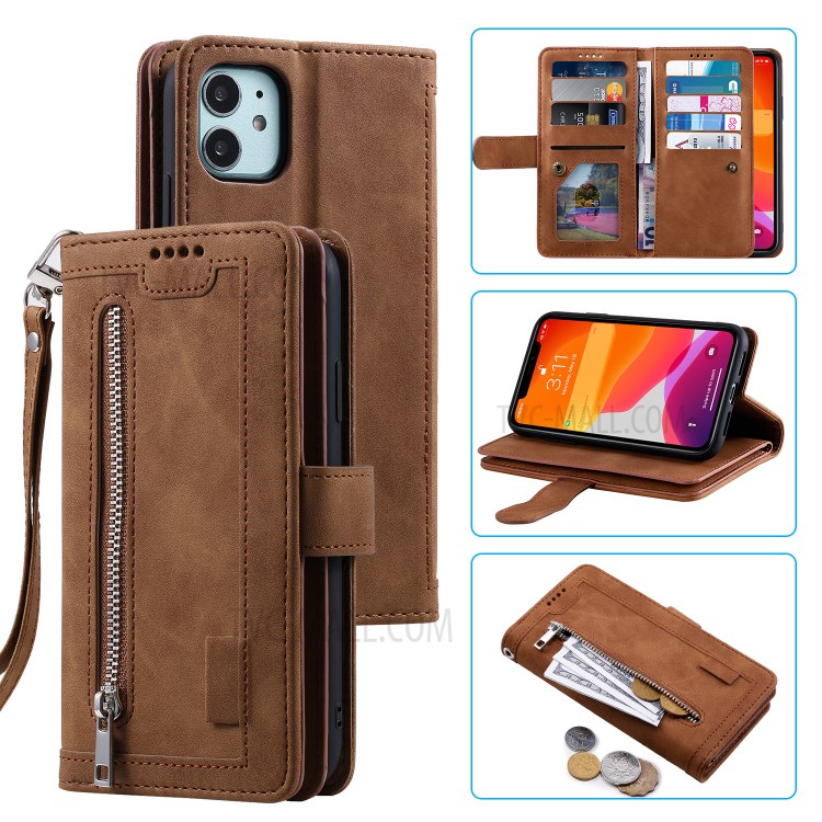 Zipper Pocket 9 Card Slots Leather Wallet with Stand Case for iPhone 11 6.1 inch - Coffee-1