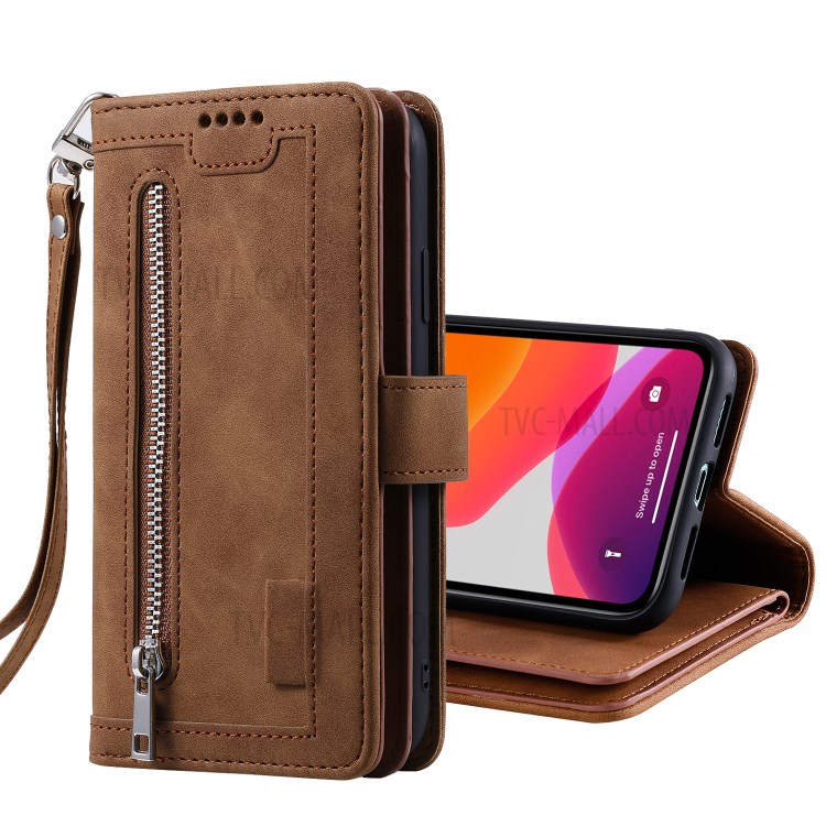 Zipper Pocket 9 Card Slots Leather Wallet with Stand Case for iPhone 11 6.1 inch - Coffee-10