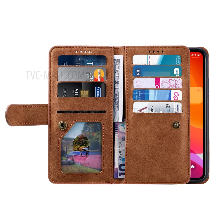 Zipper Pocket 9 Card Slots Leather Wallet with Stand Case for iPhone 11 6.1 inch - Coffee-12