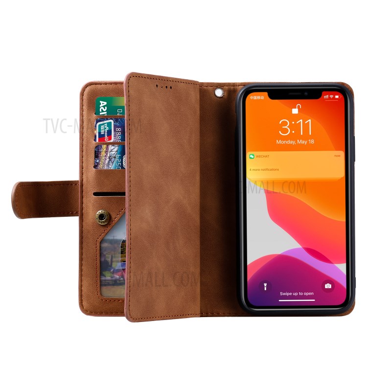 Zipper Pocket 9 Card Slots Leather Wallet with Stand Case for iPhone 11 6.1 inch - Coffee-13