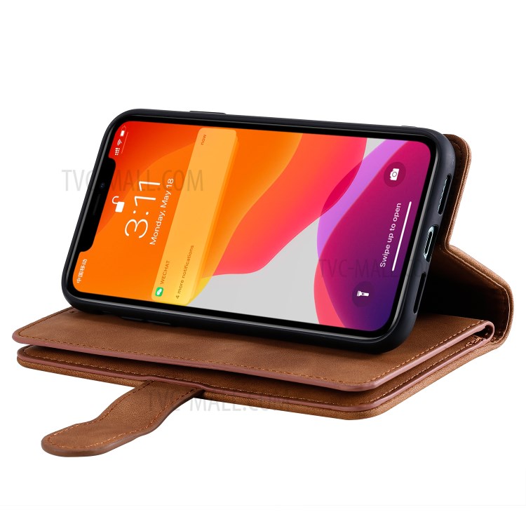 Zipper Pocket 9 Card Slots Leather Wallet with Stand Case for iPhone 11 6.1 inch - Coffee-17