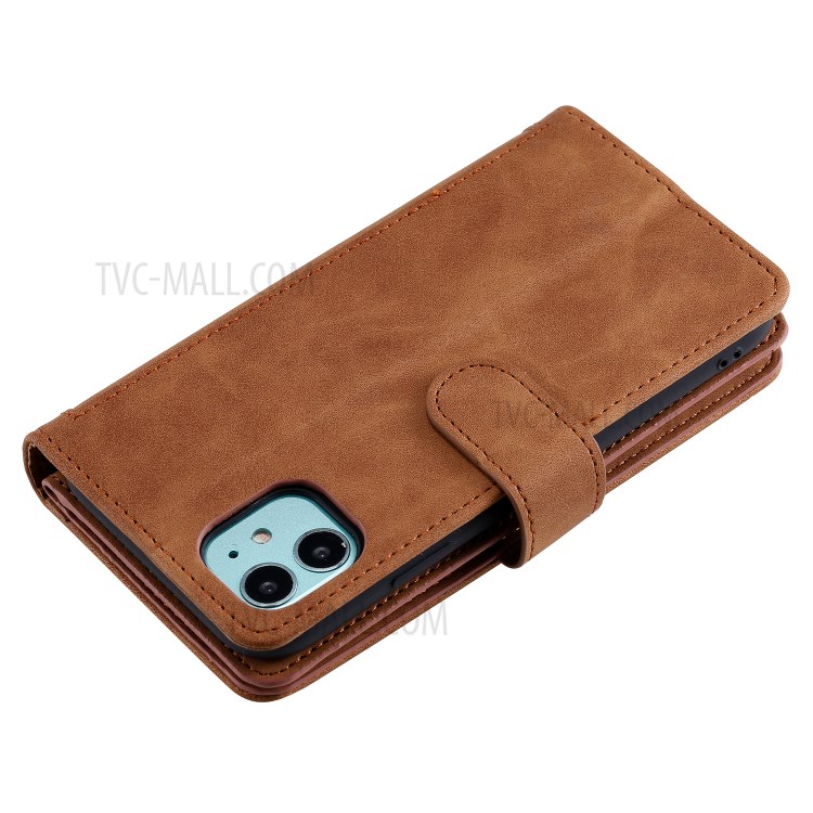 Zipper Pocket 9 Card Slots Leather Wallet with Stand Case for iPhone 11 6.1 inch - Coffee-19