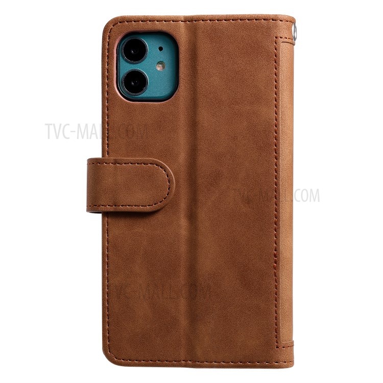 Zipper Pocket 9 Card Slots Leather Wallet with Stand Case for iPhone 11 6.1 inch - Coffee-3
