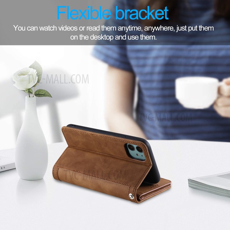 Zipper Pocket 9 Card Slots Leather Wallet with Stand Case for iPhone 11 6.1 inch - Coffee-4