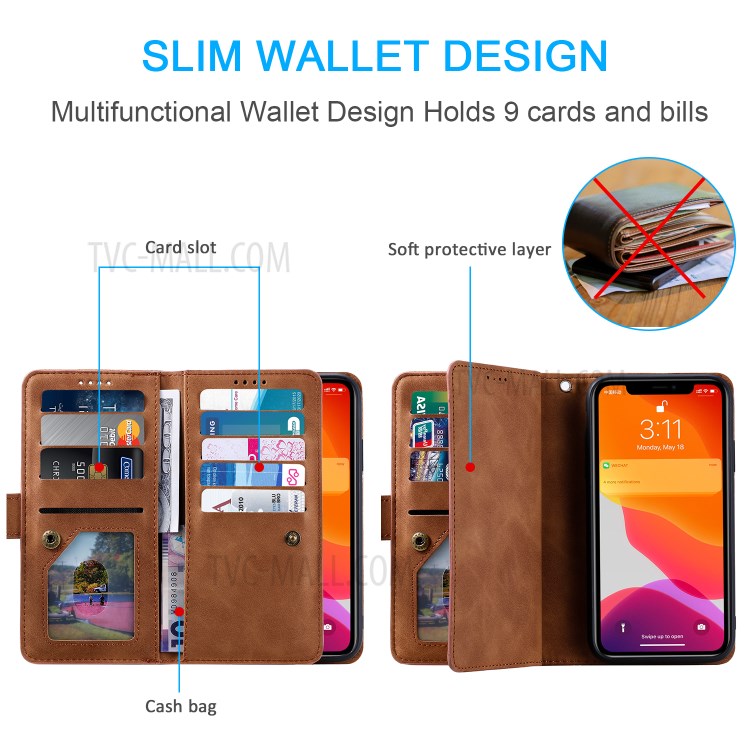 Zipper Pocket 9 Card Slots Leather Wallet with Stand Case for iPhone 11 6.1 inch - Coffee-5