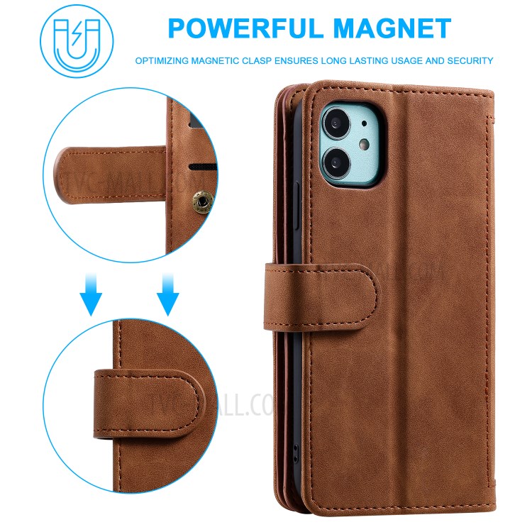 Zipper Pocket 9 Card Slots Leather Wallet with Stand Case for iPhone 11 6.1 inch - Coffee-8