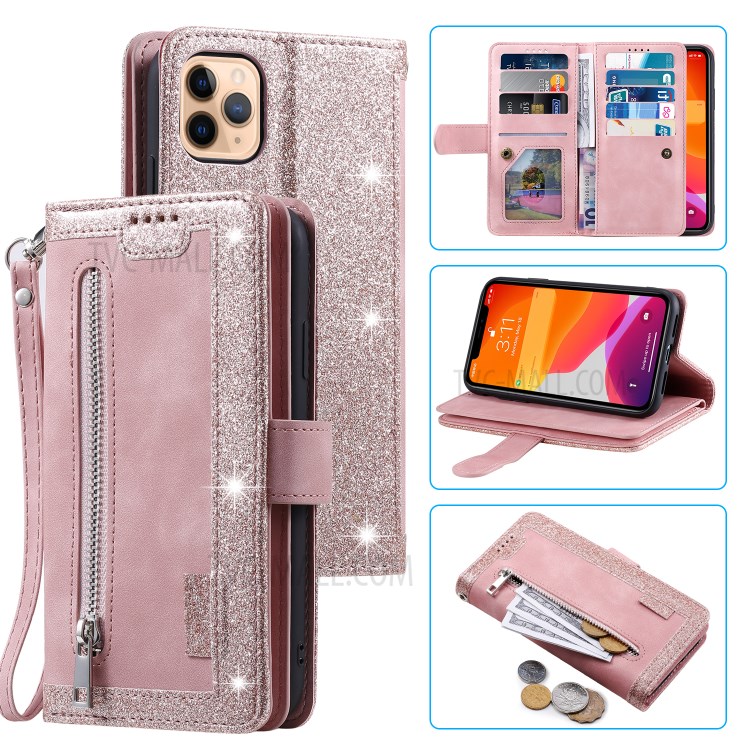 Multiple 9 Card Slots Zipper Wallet Leather Case for iPhone 11 Pro Max 6.5 inch - Pink-1