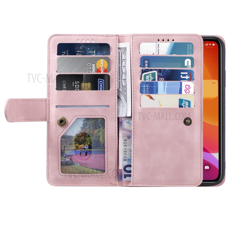 Multiple 9 Card Slots Zipper Wallet Leather Case for iPhone 11 Pro Max 6.5 inch - Pink-12