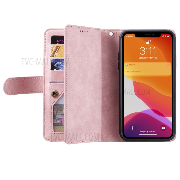 Multiple 9 Card Slots Zipper Wallet Leather Case for iPhone 11 Pro Max 6.5 inch - Pink-13