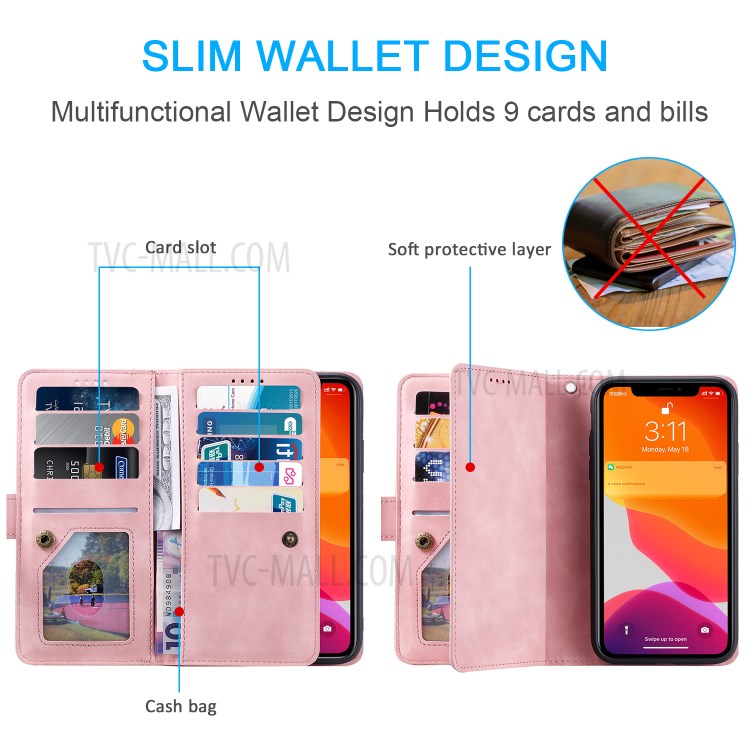 Multiple 9 Card Slots Zipper Wallet Leather Case for iPhone 11 Pro Max 6.5 inch - Pink-5