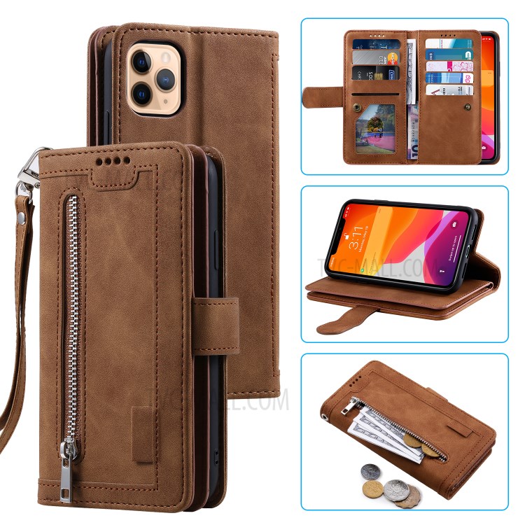 Multiple 9 Card Slots Zipper Wallet Leather Case for iPhone 11 Pro Max 6.5 inch - Brown-1