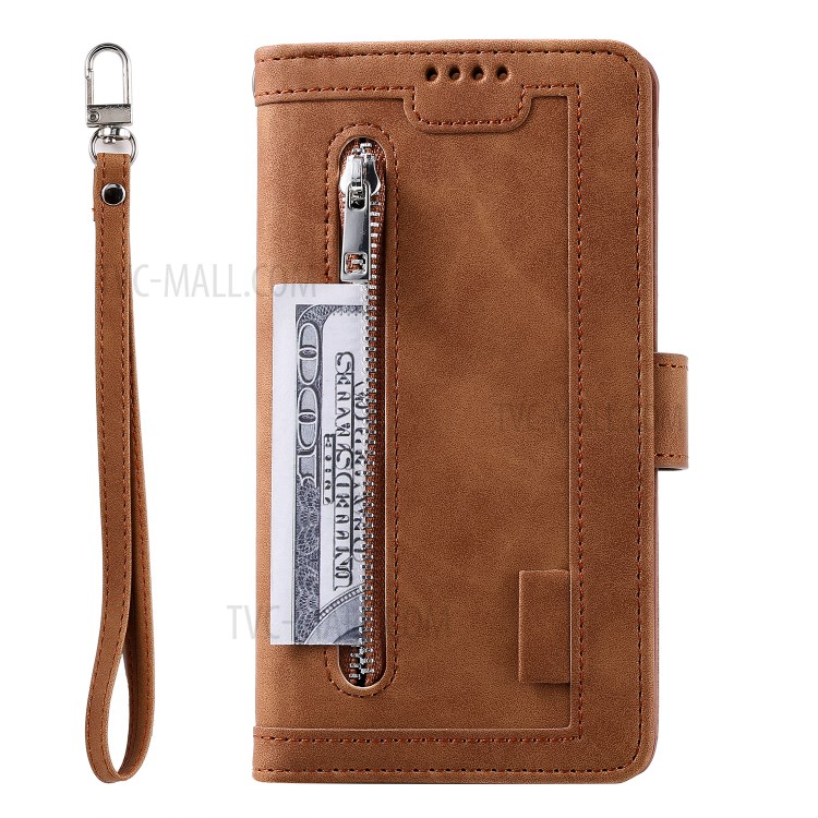 Multiple 9 Card Slots Zipper Wallet Leather Case for iPhone 11 Pro Max 6.5 inch - Brown-11