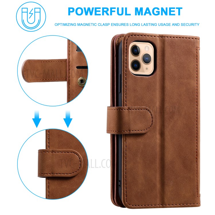 Multiple 9 Card Slots Zipper Wallet Leather Case for iPhone 11 Pro Max 6.5 inch - Brown-4
