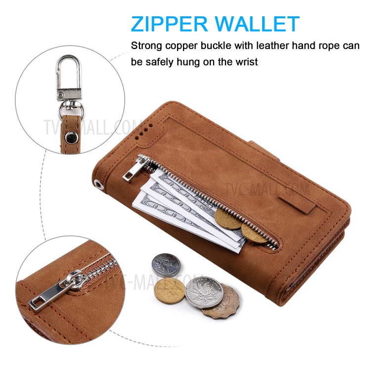 Multiple 9 Card Slots Zipper Wallet Leather Case for iPhone 11 Pro Max 6.5 inch - Brown-9