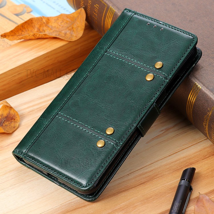 Rivet Decor Crazy Horse Leather Shell Wallet Phone Case Cover for iPhone 12 5.4 inch - Blackish Green-10