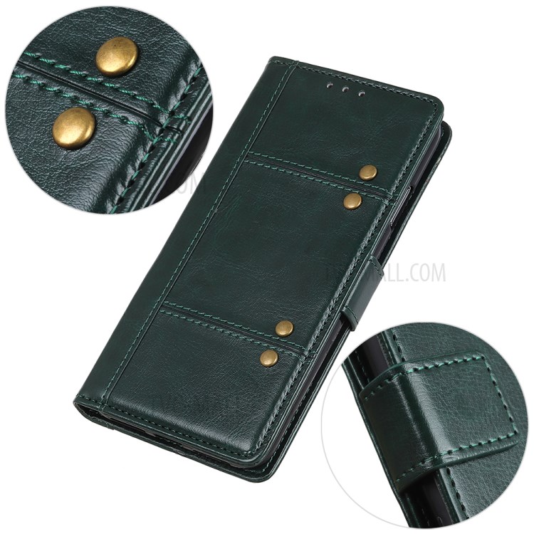 Rivet Decor Crazy Horse Leather Shell Wallet Phone Case Cover for iPhone 12 5.4 inch - Blackish Green-5