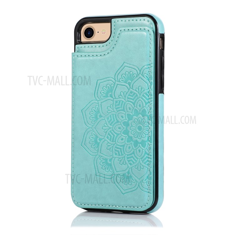 Imprint Mandala Flower Stand Leather Coated TPU Hybrid Case for iPhone 7/8/SE (2nd Generation) - Cyan-2