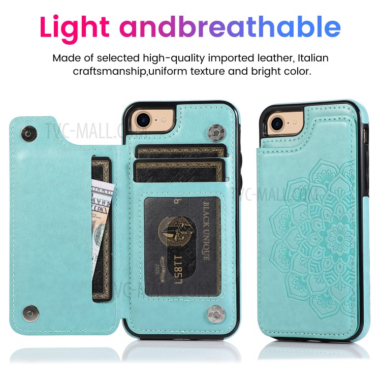 Imprint Mandala Flower Stand Leather Coated TPU Hybrid Case for iPhone 7/8/SE (2nd Generation) - Cyan-7