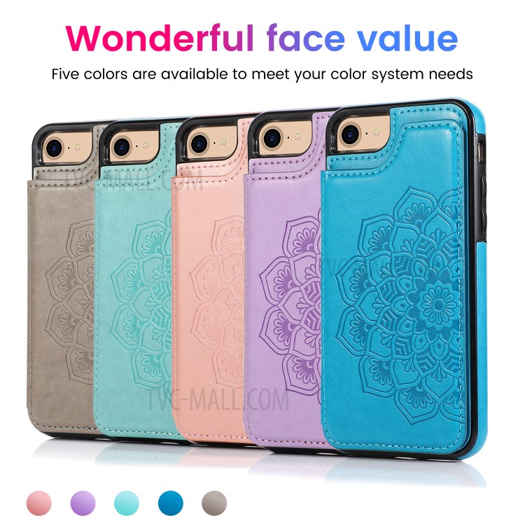 Imprint Mandala Flower Stand Leather Coated TPU Hybrid Case for iPhone 7/8/SE (2nd Generation) - Cyan-9