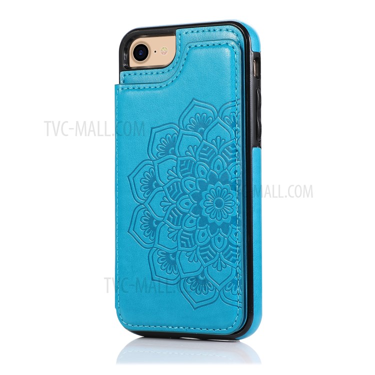 Imprint Mandala Flower Stand Leather Coated TPU Hybrid Case for iPhone 7/8/SE (2nd Generation) - Blue-1
