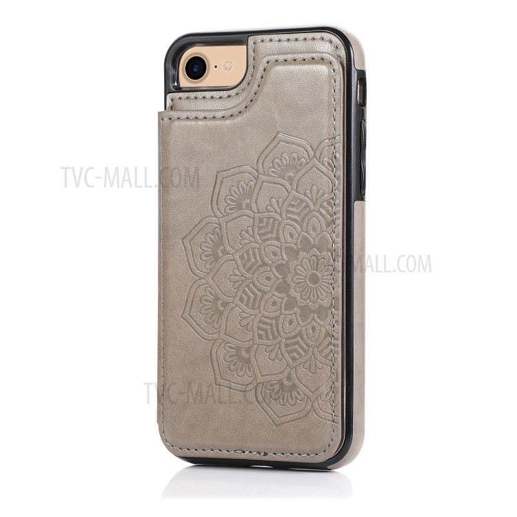 Imprint Mandala Flower Stand Leather Coated TPU Hybrid Case for iPhone 7/8/SE (2nd Generation) - Grey-1