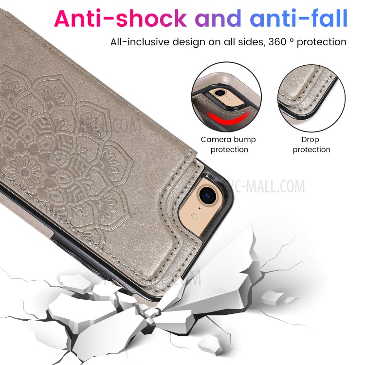 Imprint Mandala Flower Stand Leather Coated TPU Hybrid Case for iPhone 7/8/SE (2nd Generation) - Grey-6