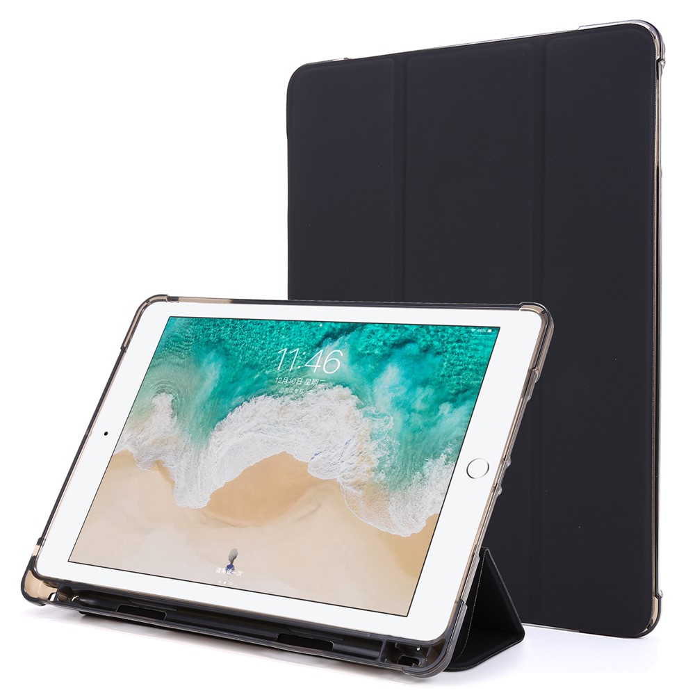 Tri-fold Stand Leather Tablet Case with Pen Slot for iPad 9.7-inch (2018) - Black-1