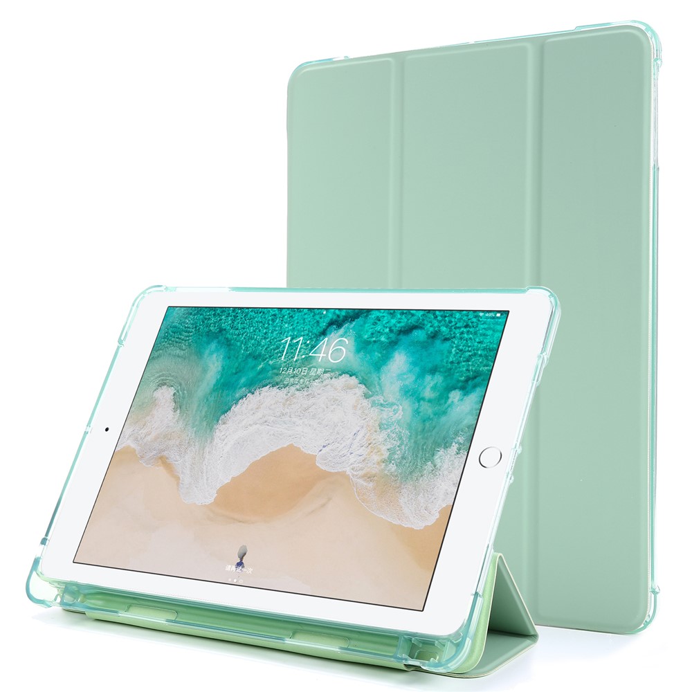 Tri-fold Stand Leather Tablet Case with Pen Slot for iPad 9.7-inch (2018) - Light Green-1