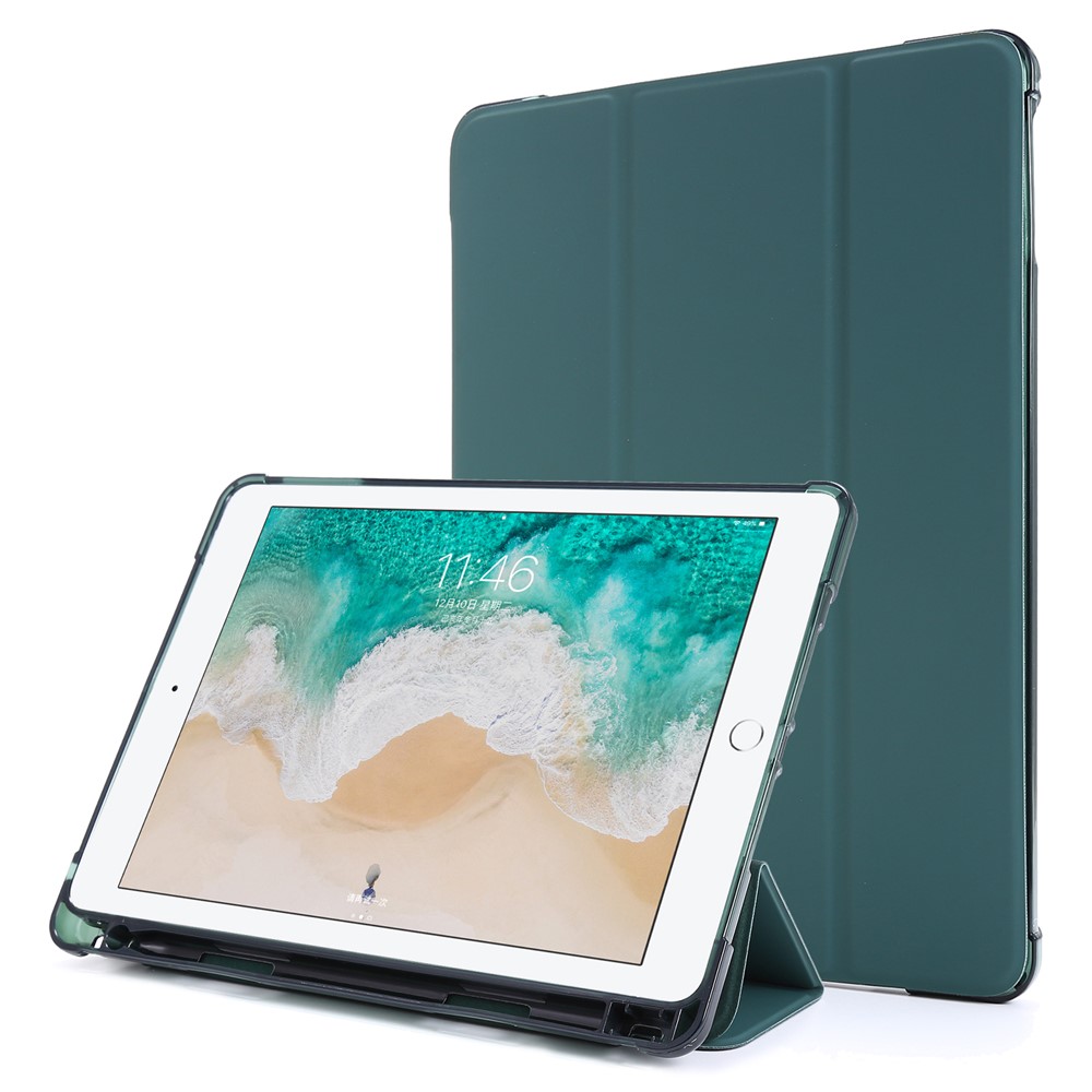 Tri-fold Stand Leather Tablet Case with Pen Slot for iPad 9.7-inch (2018) - Dark Green-1
