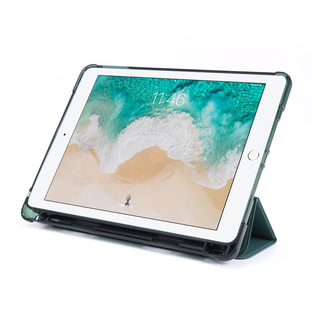 Tri-fold Stand Leather Tablet Case with Pen Slot for iPad 9.7-inch (2018) - Dark Green-4