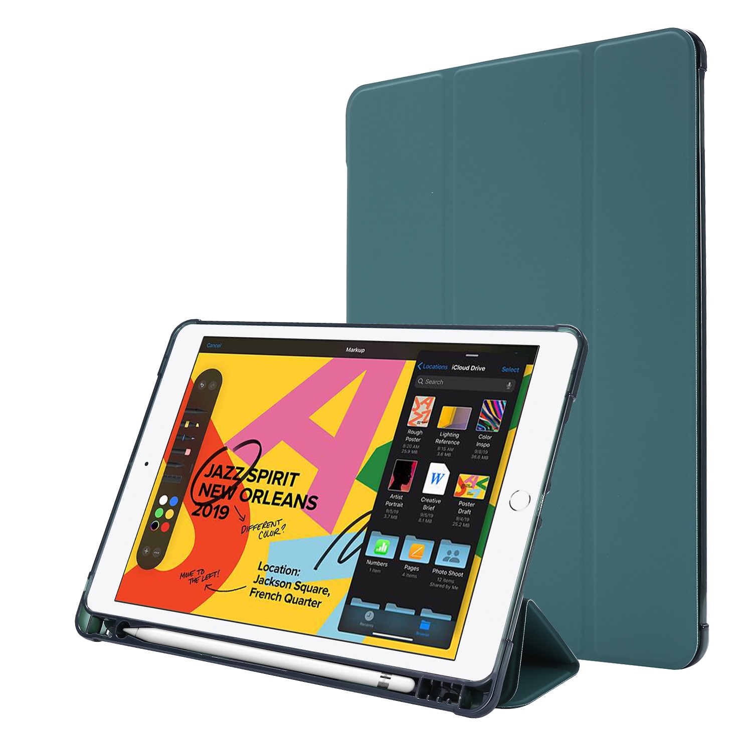 Tri-fold Stand Leather Tablet Shell with Pen Slot for iPad 10.2 (2019) - Dark Green-1