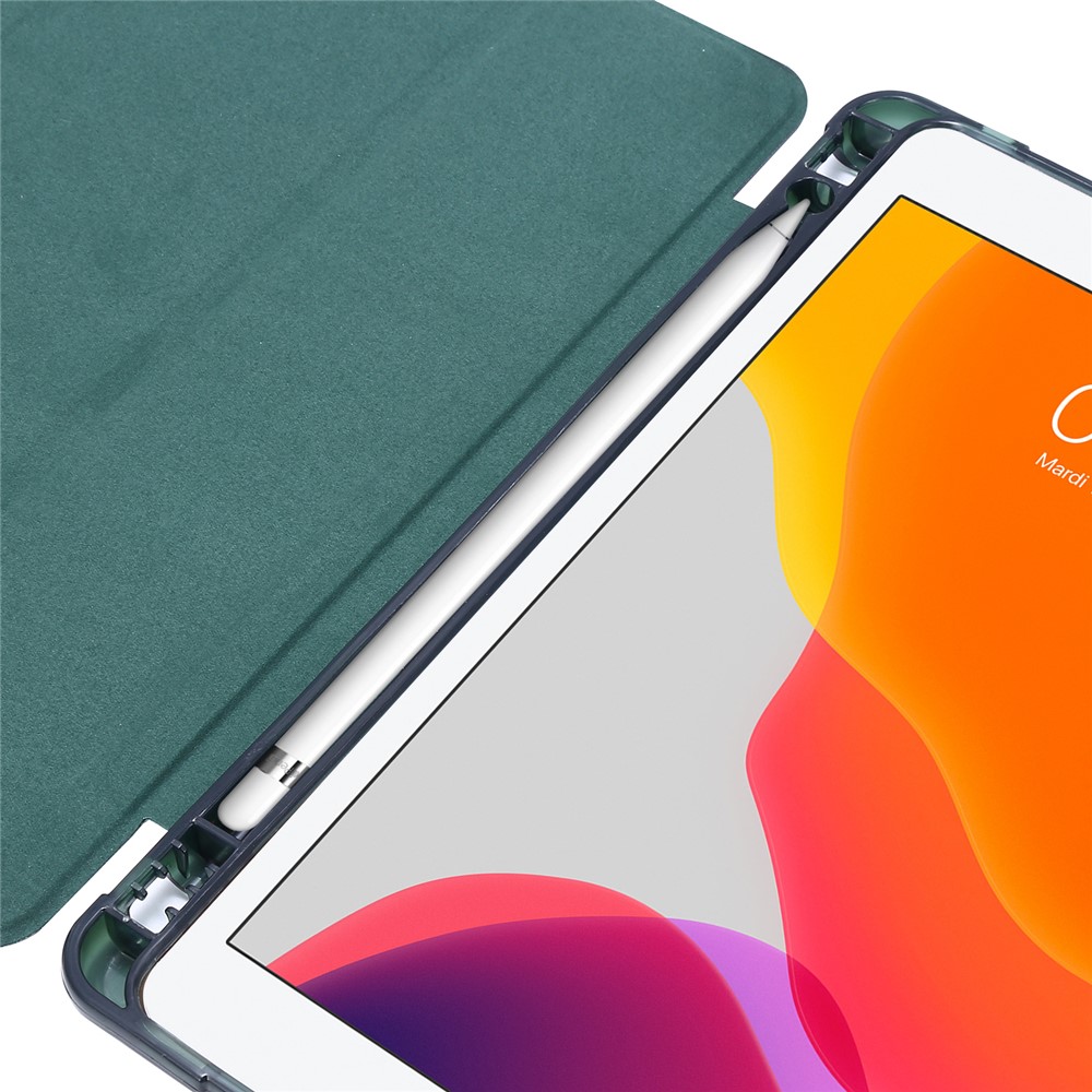 Tri-fold Stand Leather Tablet Shell with Pen Slot for iPad 10.2 (2019) - Dark Green-13