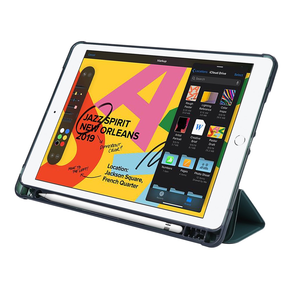 Tri-fold Stand Leather Tablet Shell with Pen Slot for iPad 10.2 (2019) - Dark Green-4