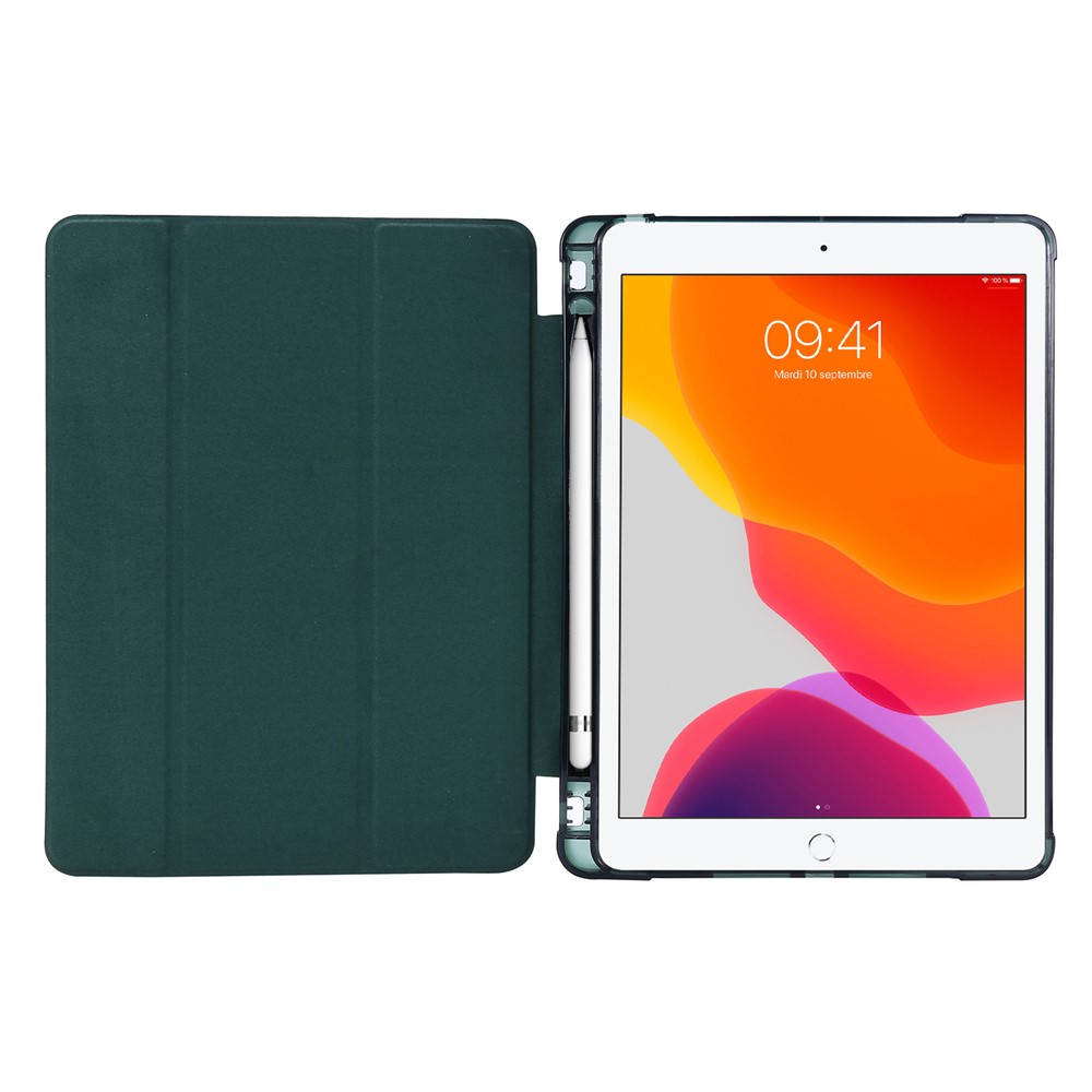 Tri-fold Stand Leather Tablet Shell with Pen Slot for iPad 10.2 (2019) - Dark Green-7