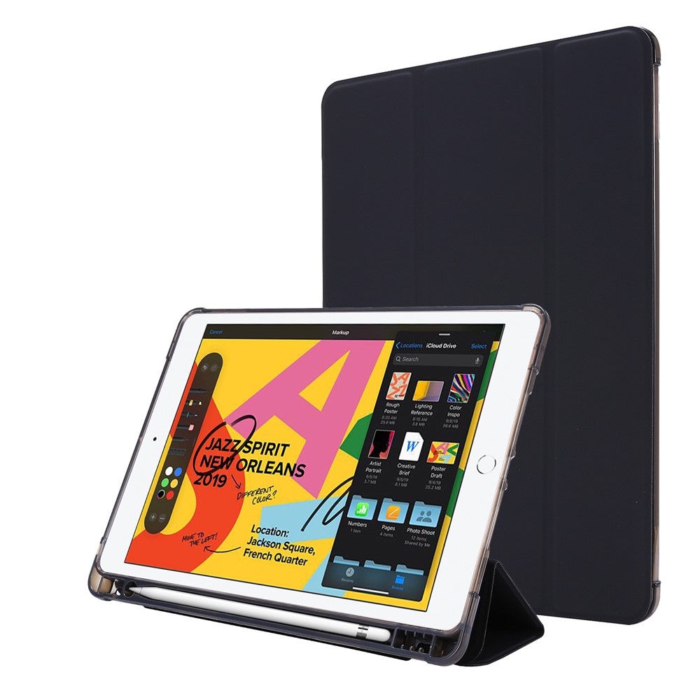 Tri-fold Stand Leather Tablet Shell with Pen Slot for iPad 10.2 (2019) - Black-1