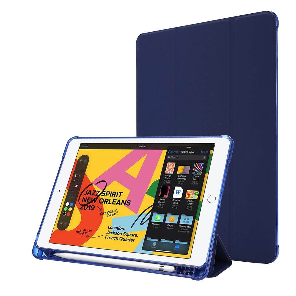 Tri-fold Stand Leather Tablet Shell with Pen Slot for iPad 10.2 (2019) - Dark Blue-1
