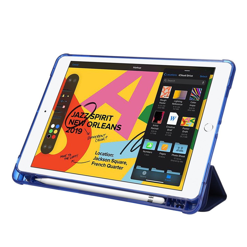 Shelt de Tablette en Cuir à Trois Pliés Avec Fente de Stylo Pour Ipad 10.2 (2021) / (2020) / (2019) - Bleu Foncé-4