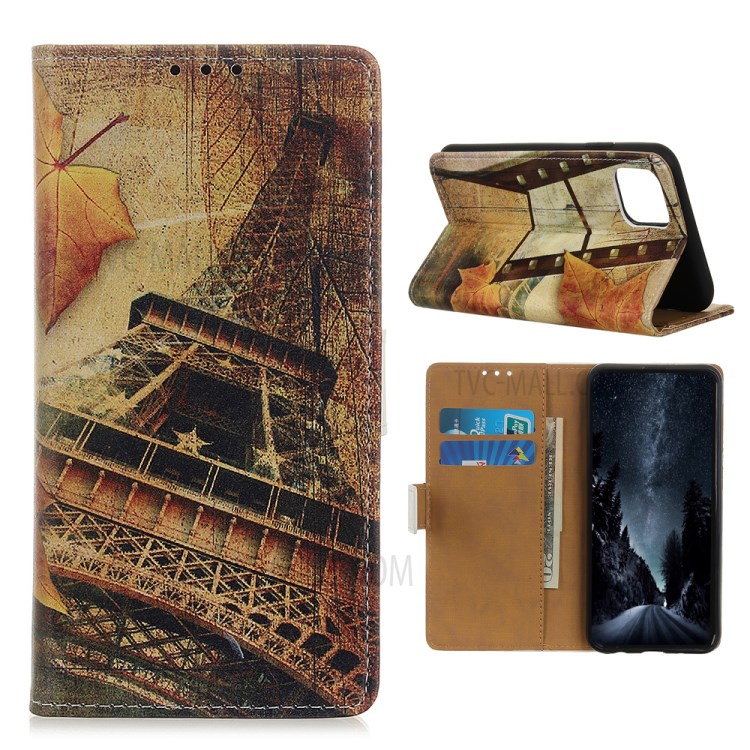 Pattern Printing Leather Phone Cover Case for Apple iPhone 12 5.4 inch - Eiffel Tower and Maple Leaves-1