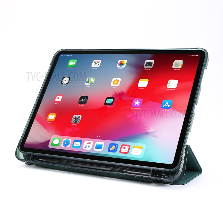 Tri-fold Stand Leather Tablet Cover Case with Pen Slot for iPad Pro 11-inch (2020)/(2018) - Dark Green-4